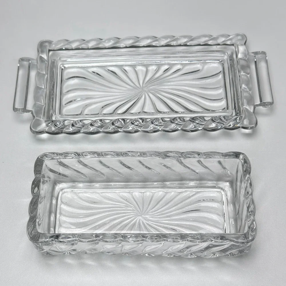 Vintage Clear Pressed Glass Butter Dish Sunburst Swirl Pattern Handled Tray Lid